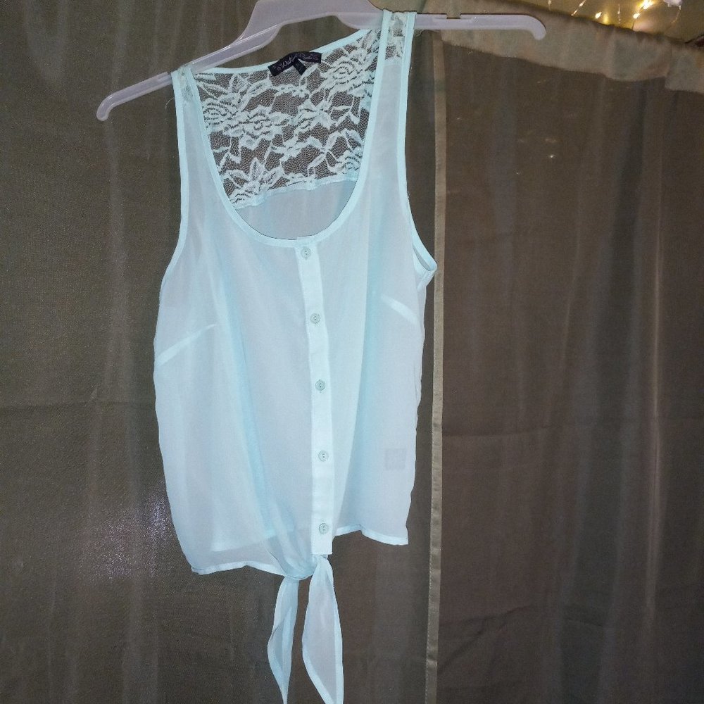 Sheer Lace Back Tank Top  -  Pale Aqua